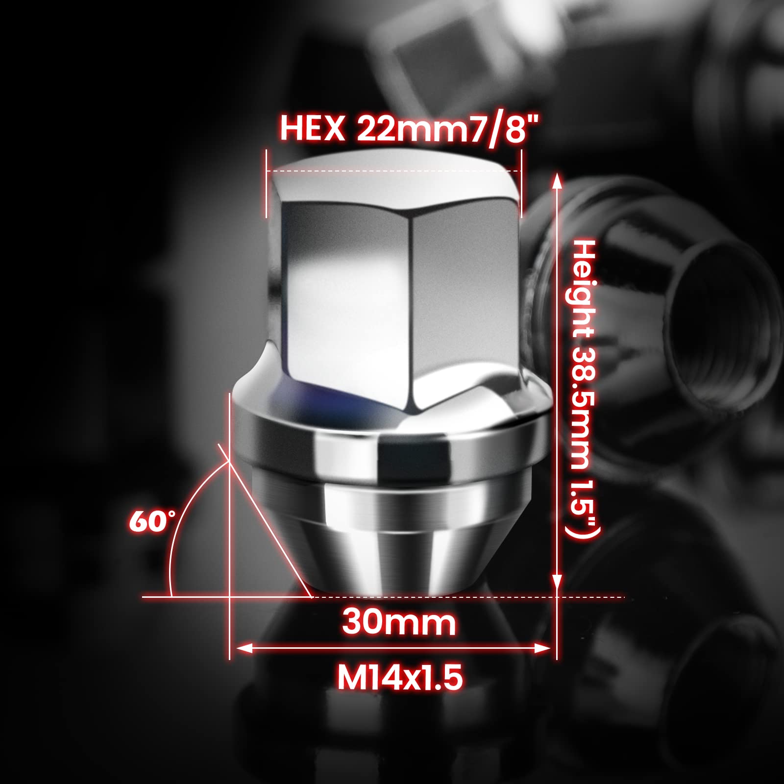 Dynofit M14Ã—1.5 OEM Lug Nuts Fit Do-dge Bui-ck Cadi-llac Chry-sler TES-la 20Ã— Sliver Nuts Hex 22mm(7/8')' Height 1.5'' Conical Cone Bulge Seat
