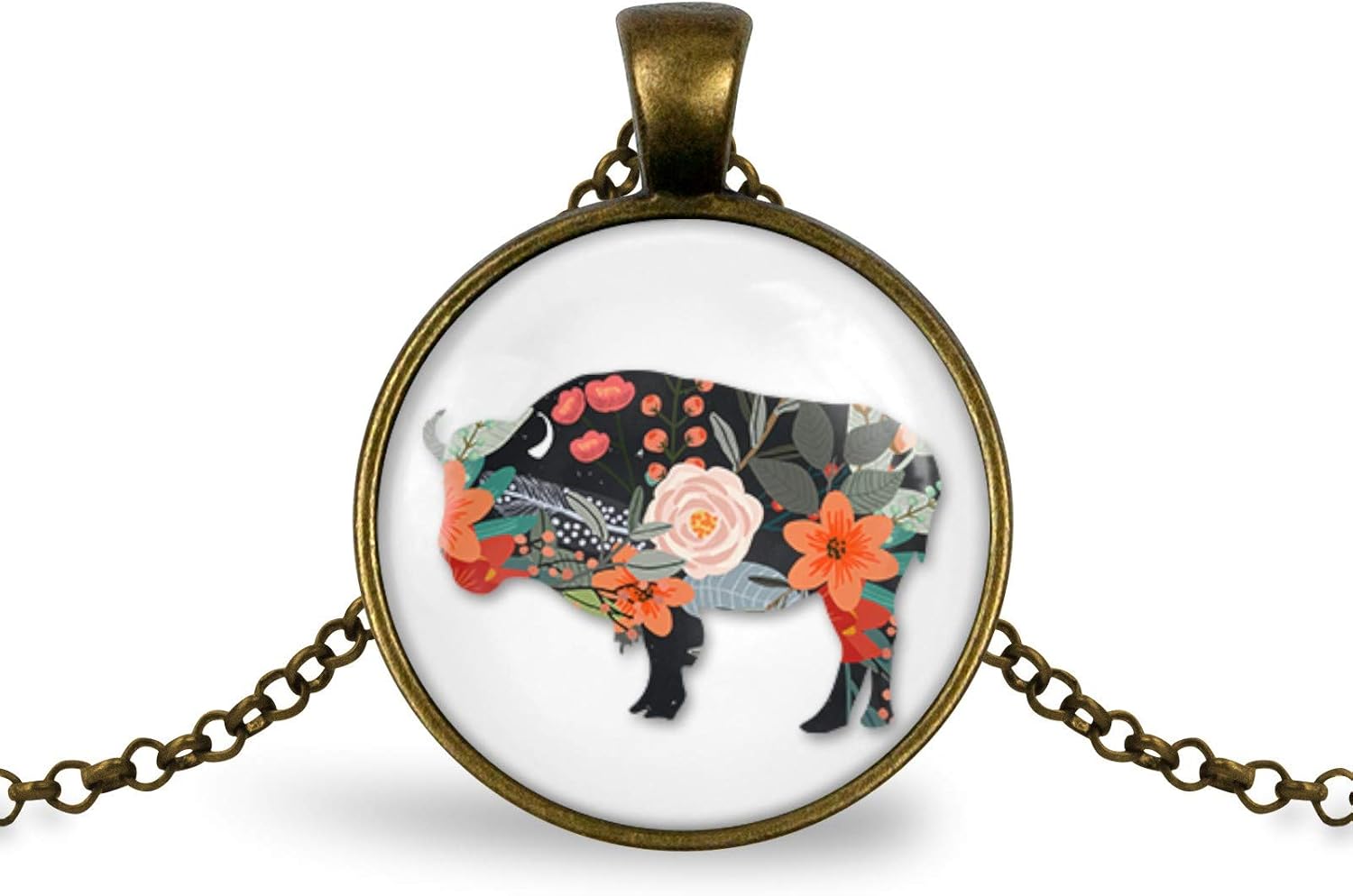 Floral Bison Pendant Necklace, Silver-Tone Cabochon with 20 Inch Chain, Bohemian Style Jewelry, Wildlife Themed Gift for Women