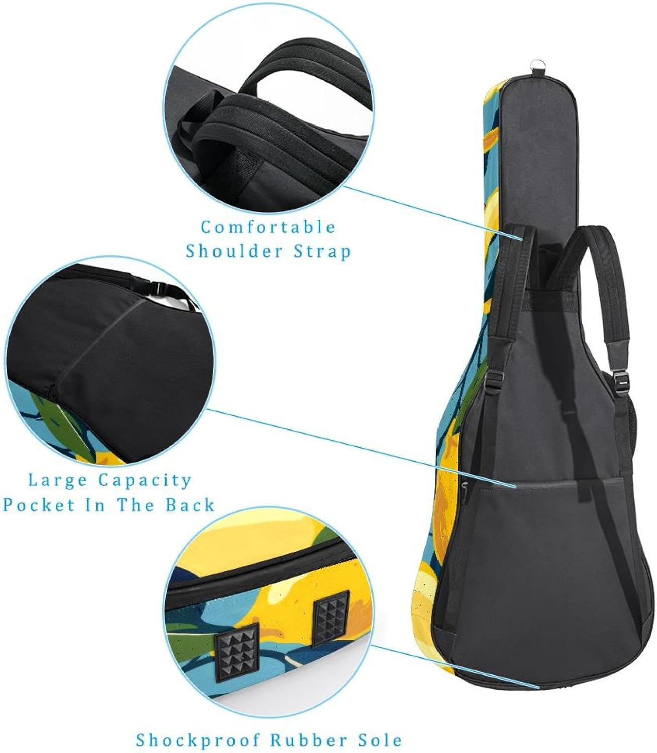 Lemons Fruits Summer Background Acoustic Guitar Gig Bag, 1 cm Thick Padding Waterproof Guitar Bag Backpack for 40 41 42 Inch Electric Bass Classical Guitars