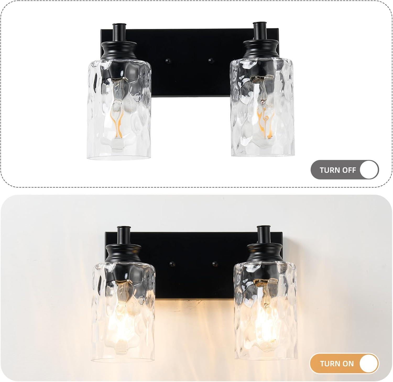 2 Light Bathroom Vanity Light Modern Black Bathroom Light Fixtures Over Mirror with Hammered Glass Lampshade for Kitchen Hallway