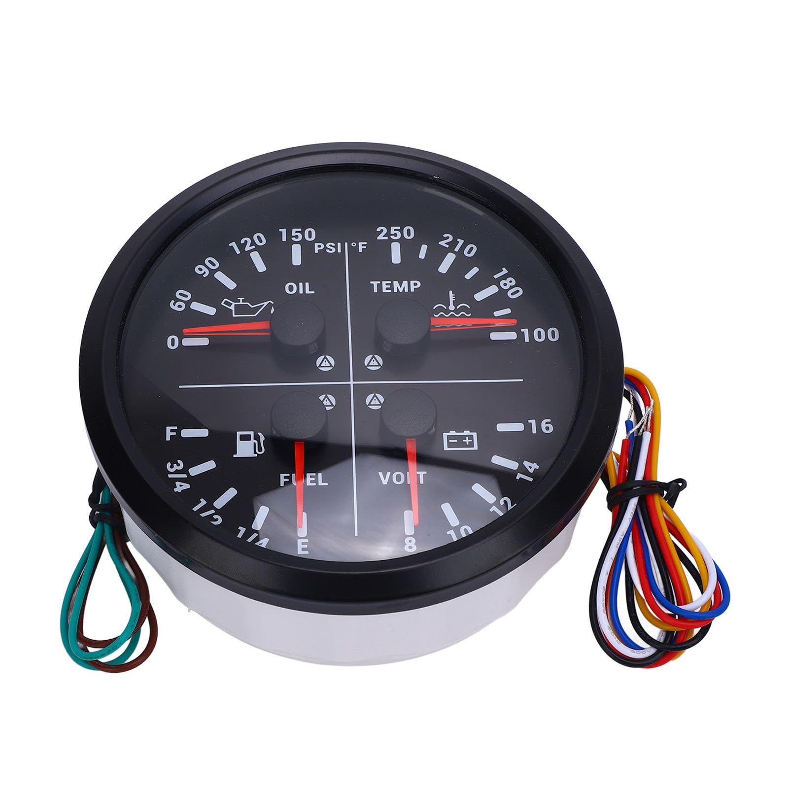 Wielofunkcyjny Miernik 4 w 1 DC 12V 0-150PSI dla RV Ciężarówka do łodzi, Szeroki Zakres Ciśnienia Temperatura Wody Poziom Paliwa Woltomierz (Czarna tarcza, czarna ramka)