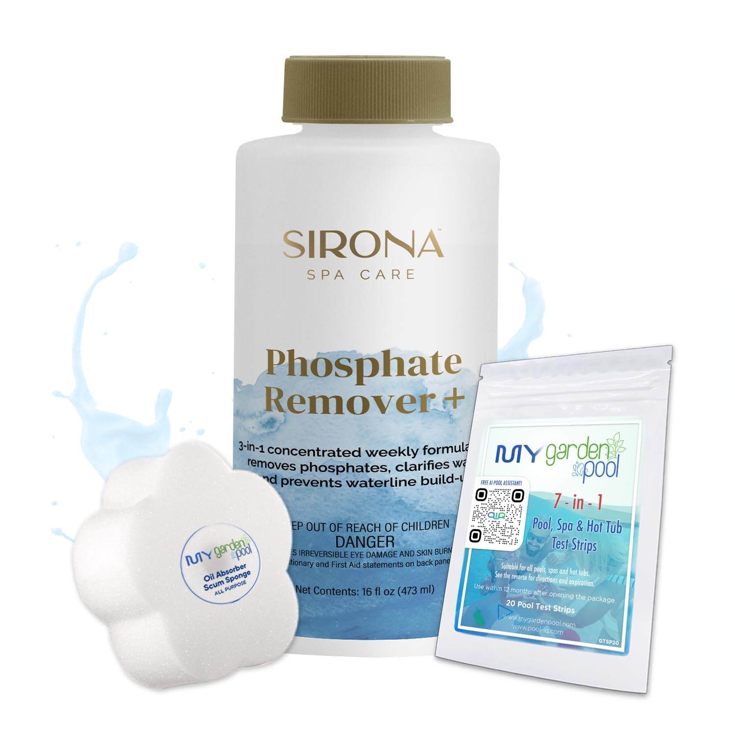 Sirona 82107 Phosphate Remover+, 16 fl Oz – Includes My Garden Pool 20 Ct. Test Strips & Scum Sponge – Reduces Phosphates for Clear & Balanced Spa Water