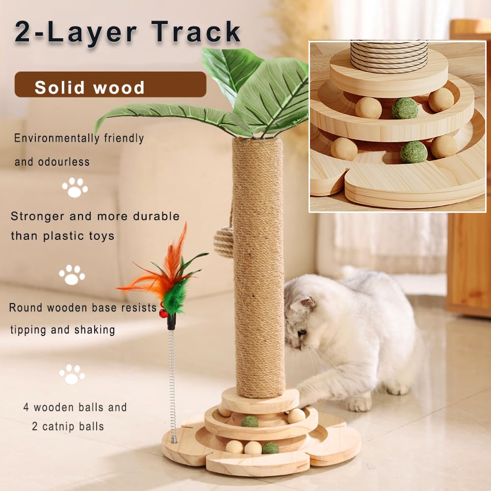 Marchul 5 in 1 Katzenspielzeug, Katzenkratzbaum mit Sisalseil, Hölzerne Katze Track Toy Ball mit Springy Feder, Kätzchen Baum mit simulierten Pflanzen, Interaktiver Kratzbaum für Katzen