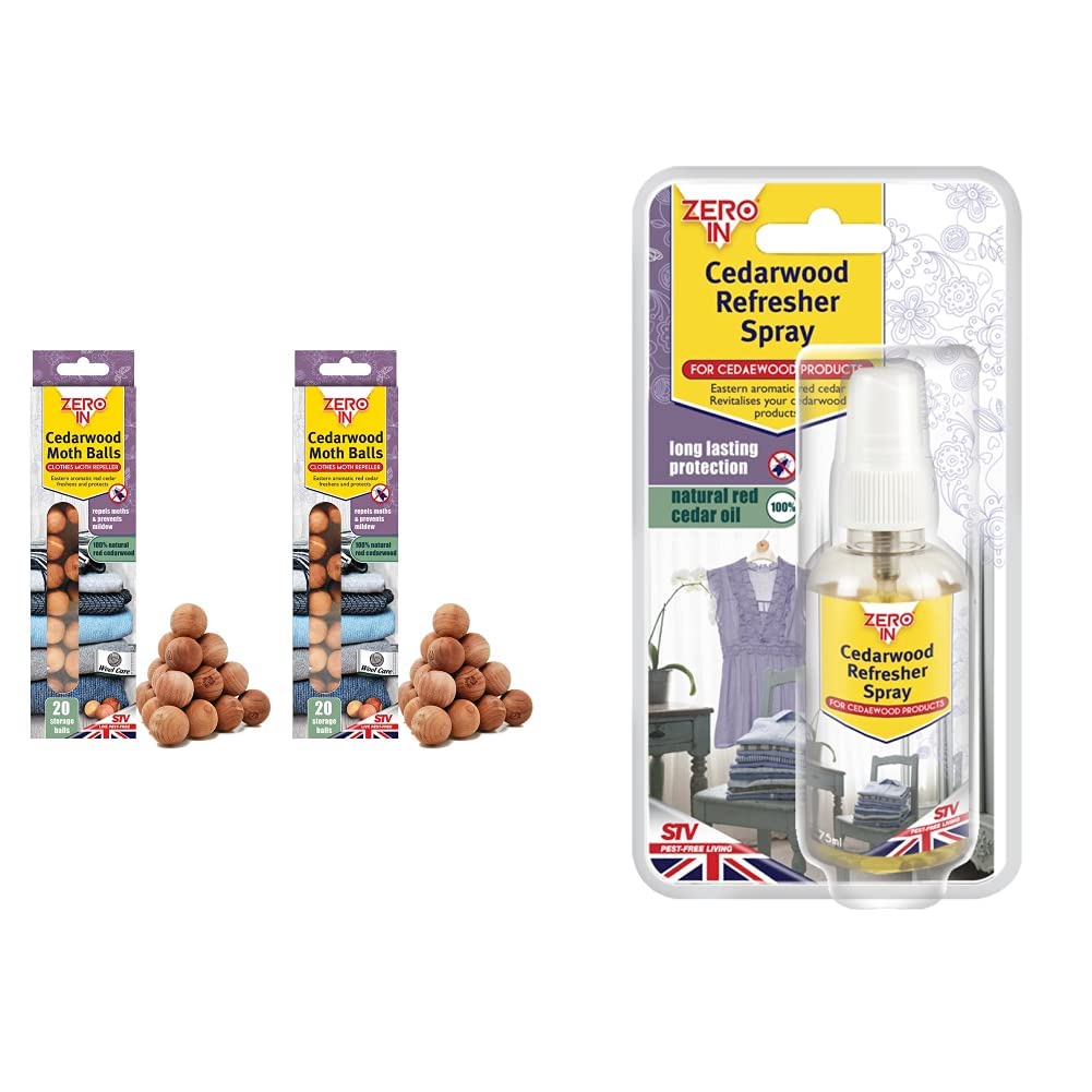 Zero In AMZ031 Cedarwood Balls 20 pack x2, multicolour & ZER039 Cedarwood Refresher Spray, 75 ml