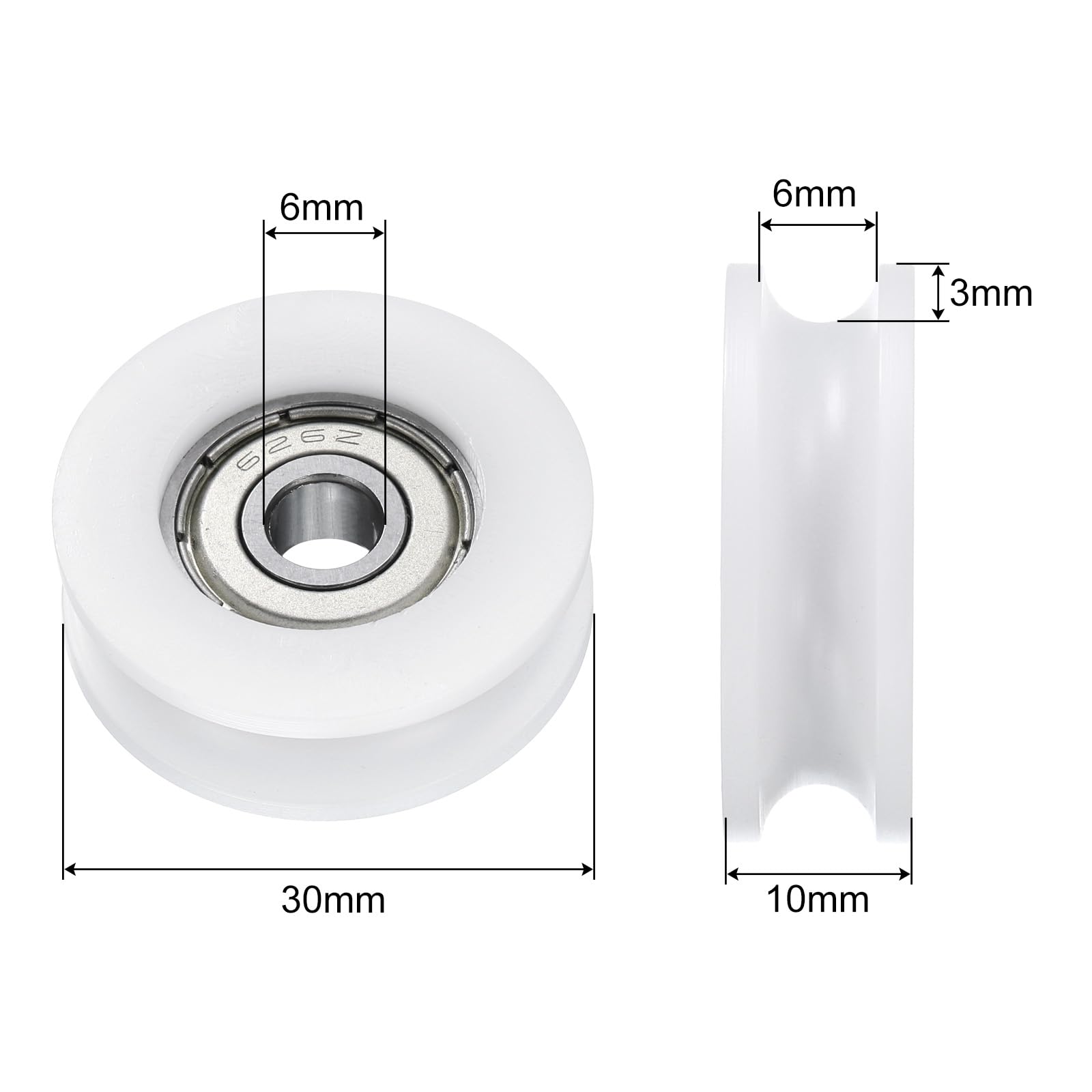 QUARKZMAN 2pz U626ZZ POM Puleggia Cuscinetto a Sfera a Gola a U 6 x 30 x 10mm Ruota a Rullo a Gola a U (GCr15) Cuscinetti in Acciaio Cromato, Bianco