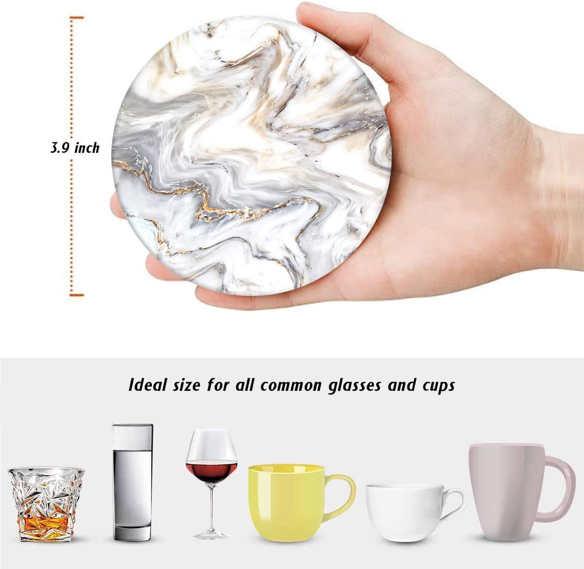 Britimes Coasters for Drinks Absorbent with Metal Holder Stand, Ceramic Stone Coaster Sets of 6, Marble Style Coaster for Coffee Wooden Table, Housewarming Gift White