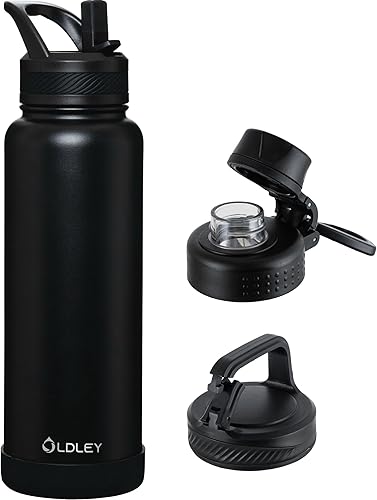 OLDLEY Botella de agua aislada de 40 onzas con pajilla, botella de agua deportiva de acero inoxidable con 3 tapas (pajilla, boquilla y tapa con