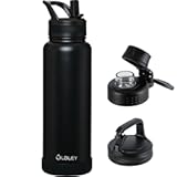 OLDLEY 40 oz Insulated Water Bottle With Straw, Stainless Steel Sports Water Cup Flask with 3 Lids(Straw, Spout and Handle Lid) Double Walled Travel Thermal Canteen Mug,Black