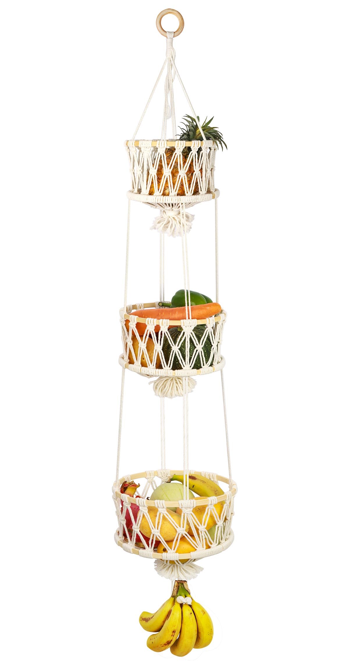 3 Stöckig Obstkorb Hängend, Bambus Hängekorb Obst, Platzsparend Obst Etagere Hängend Für Küche, Obst Aufbewahrung Hängend (120 cm)