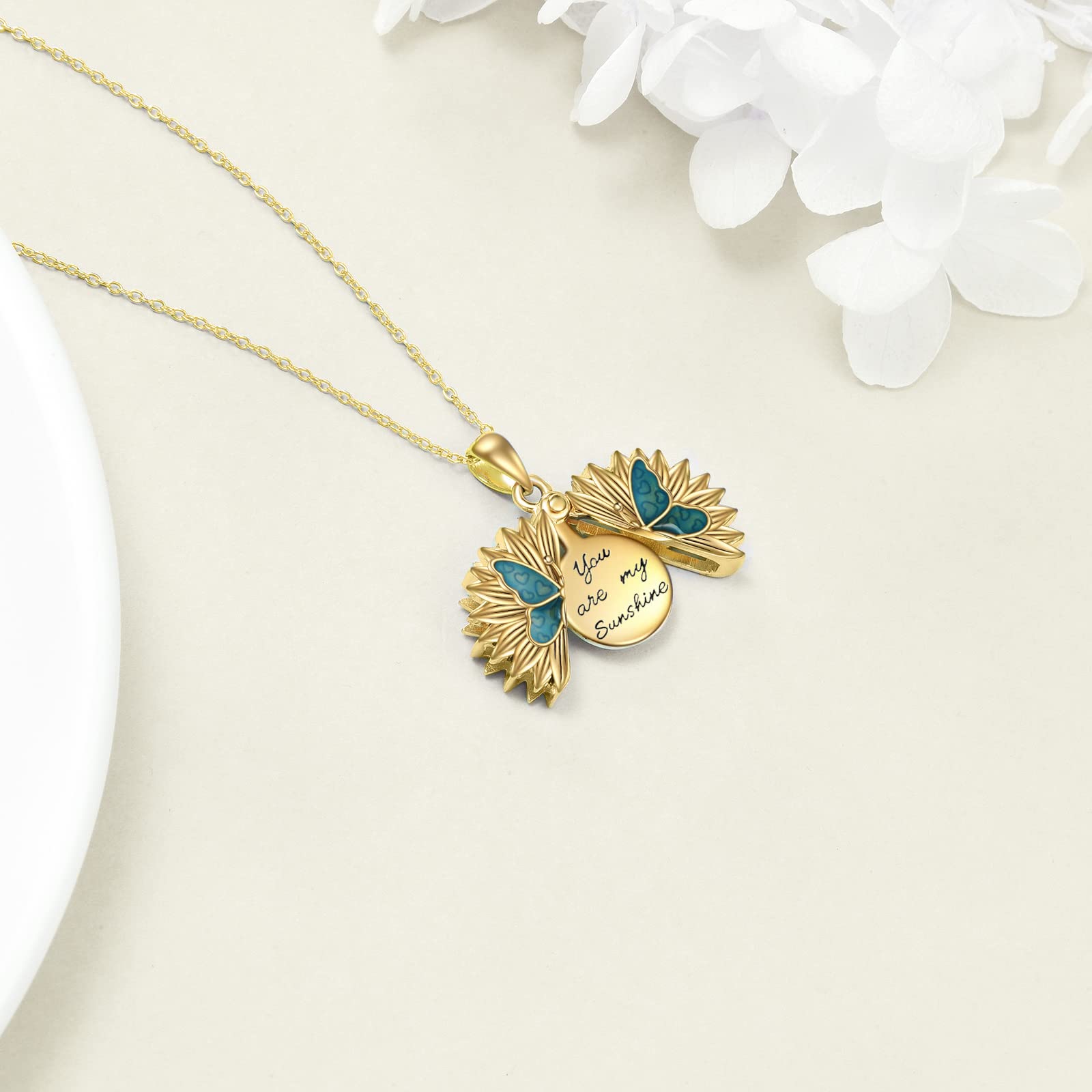 Collana da donna con ciondolo a forma di girasole con medaglione inciso "You are My Sunshine", in argento Sterling 925
