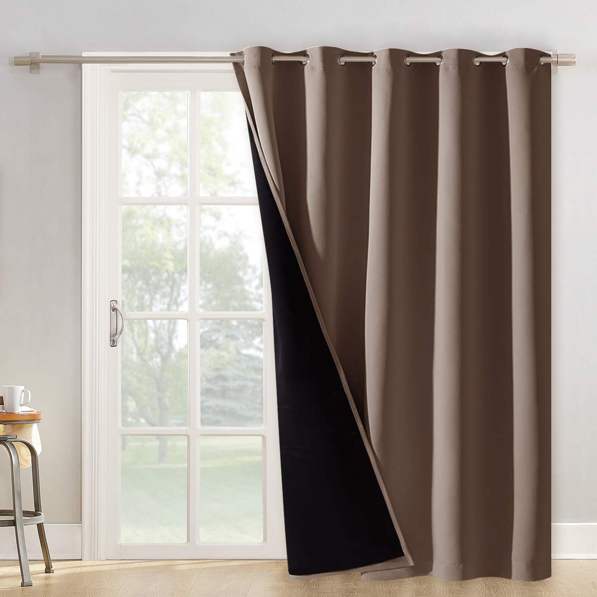 NICETOWN Thermal Insulated 100% Blackout Curtain, Noise Reducing Performance Grommet Slider Curtain Panel with Black Lining, Full Light Blocking Patio