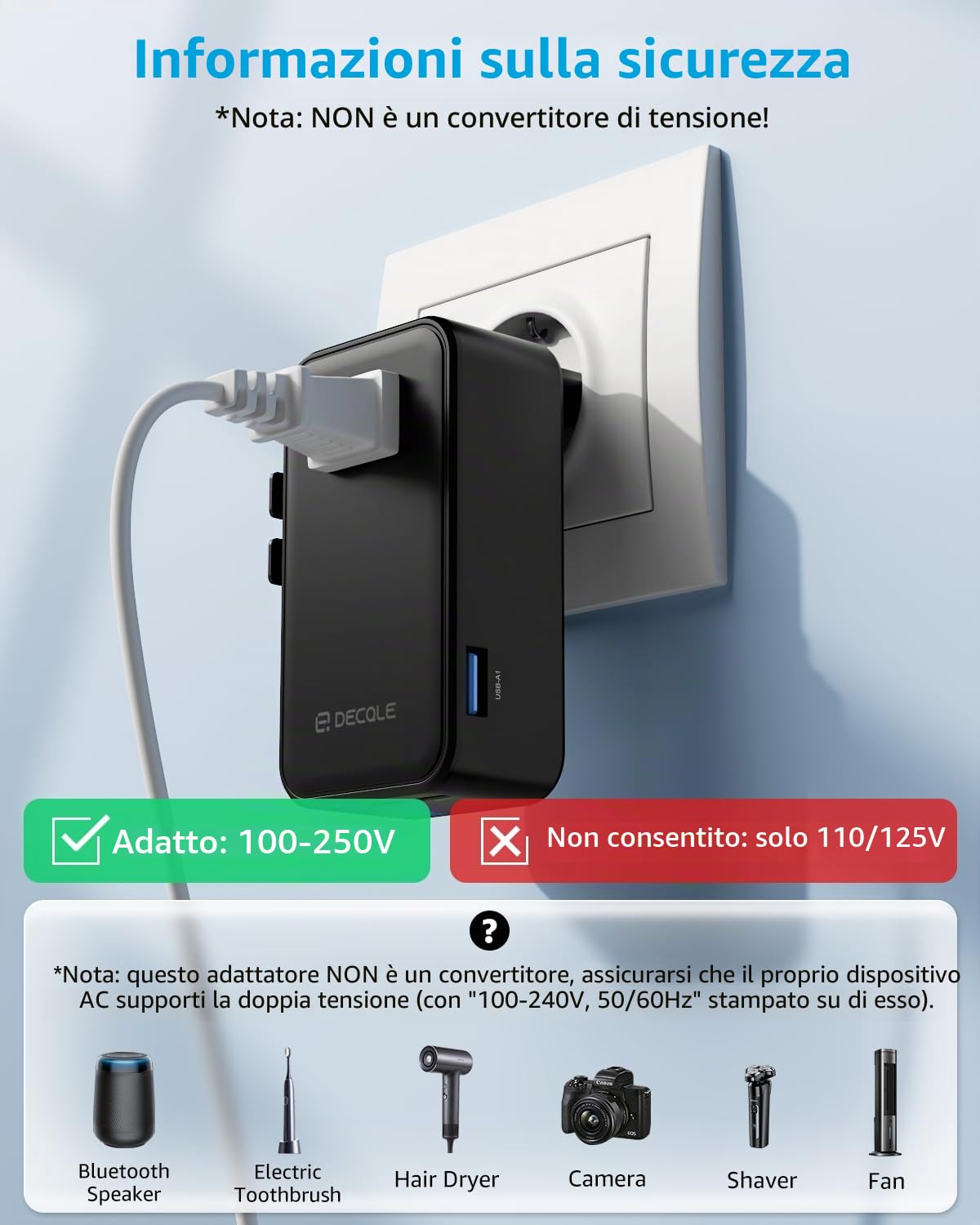 “Air” Adattatore Universale da Viaggio con 3 USB-C(GaN 70W)＆ 1 USB-A | Presa Universale da Viaggio, NON è Un Convertitore di Tensione, per UE/Regno Unito/Stati Uniti/Australia e 200+ Paesi(nero)