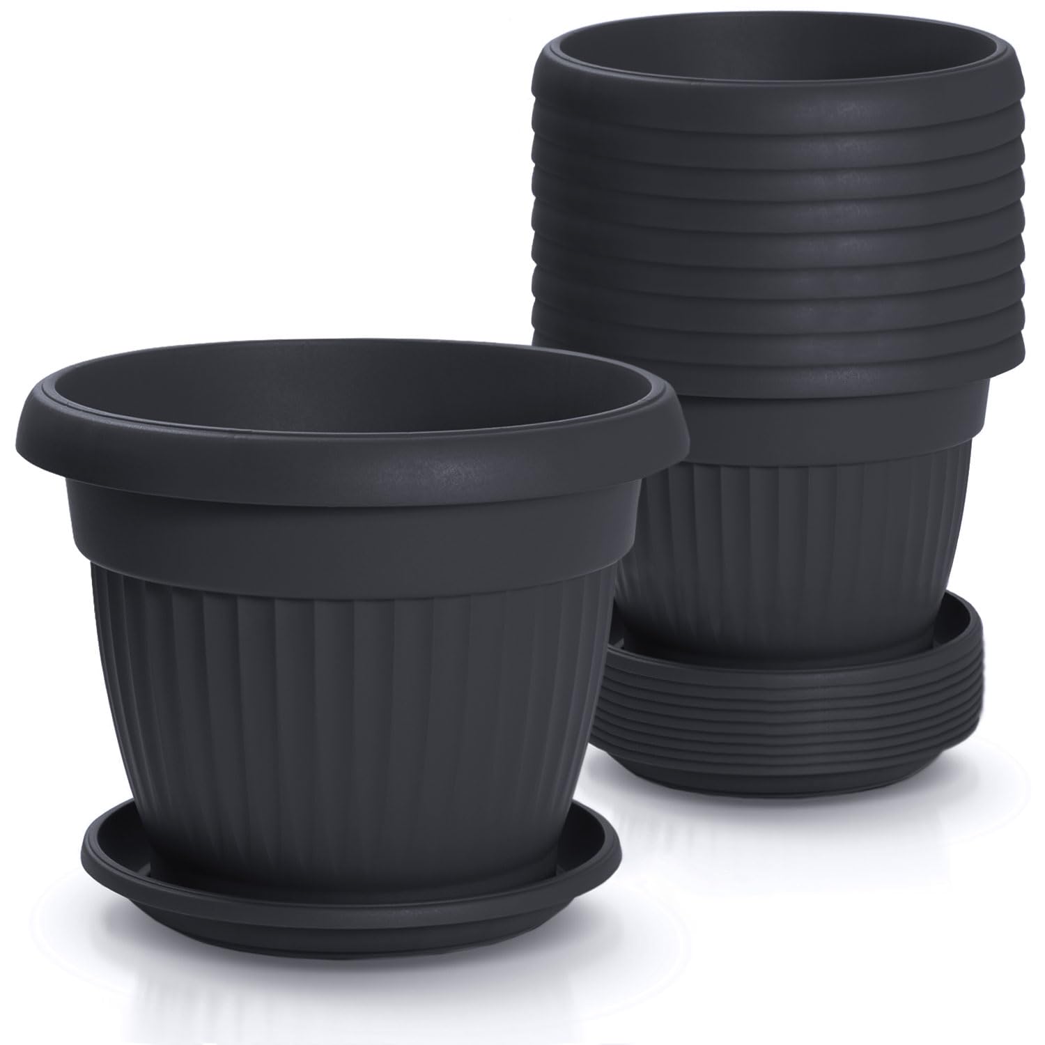 IMJ-Global Set di 10 Vasi e Sottovasi Rotondi Terra in Plastica Ø30x23,5 cm da Interno Esterno Colore Nero Design Classici