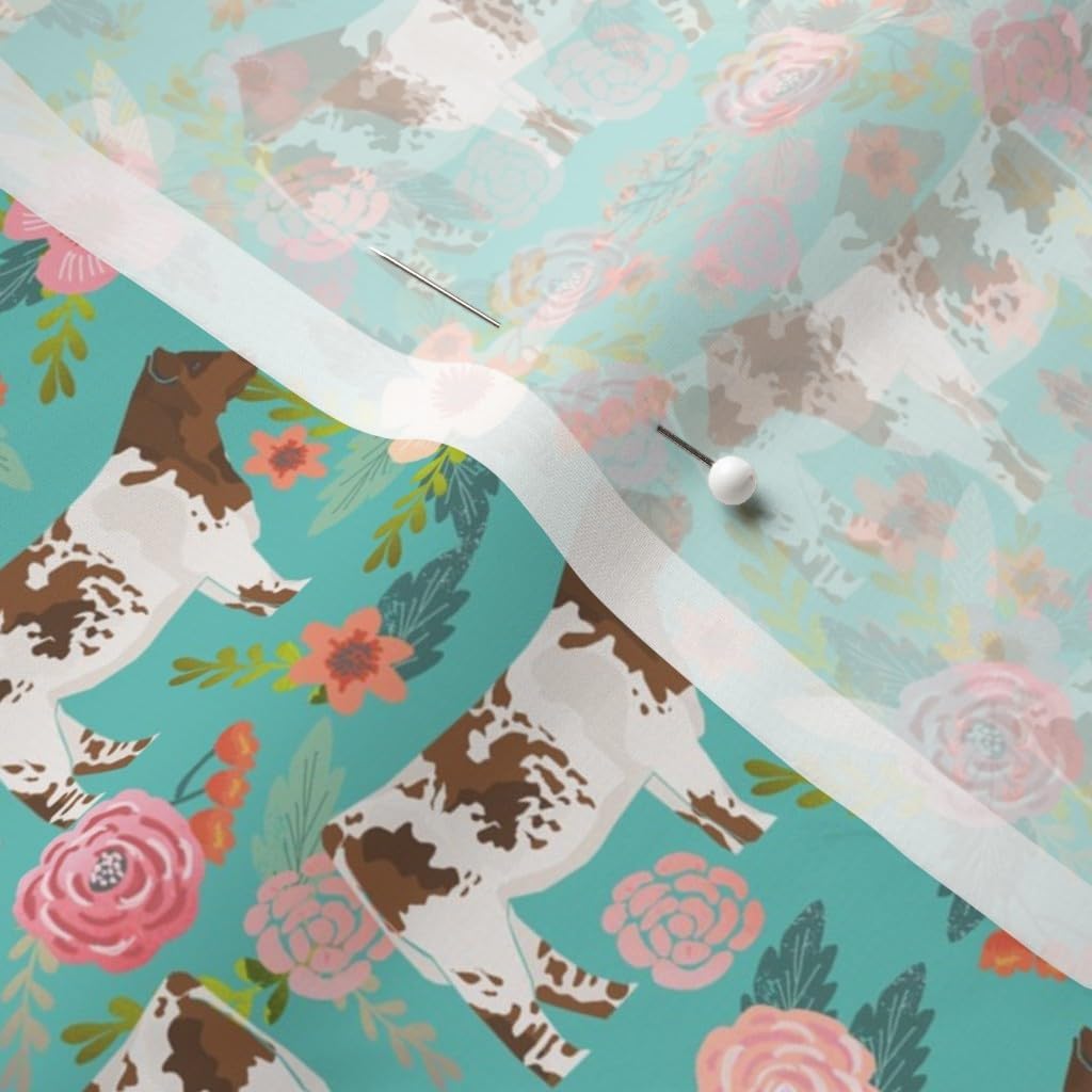 Spoonflower Fabric - Cattle Cow Farm Florals Turquoise Cows Pet Portrait Printed on Chiffon Fabric by The Yard - Sewing Fashion Apparel Dresses Home Decor