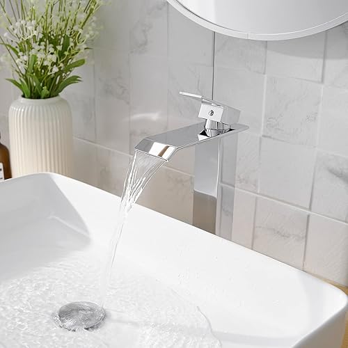 Miniatura 2 de Grifo de lavabo moderno, alto, cromado, cascada, un solo agujero, cromo pulido, lavabo para lavabo RV con desagüe desplegable