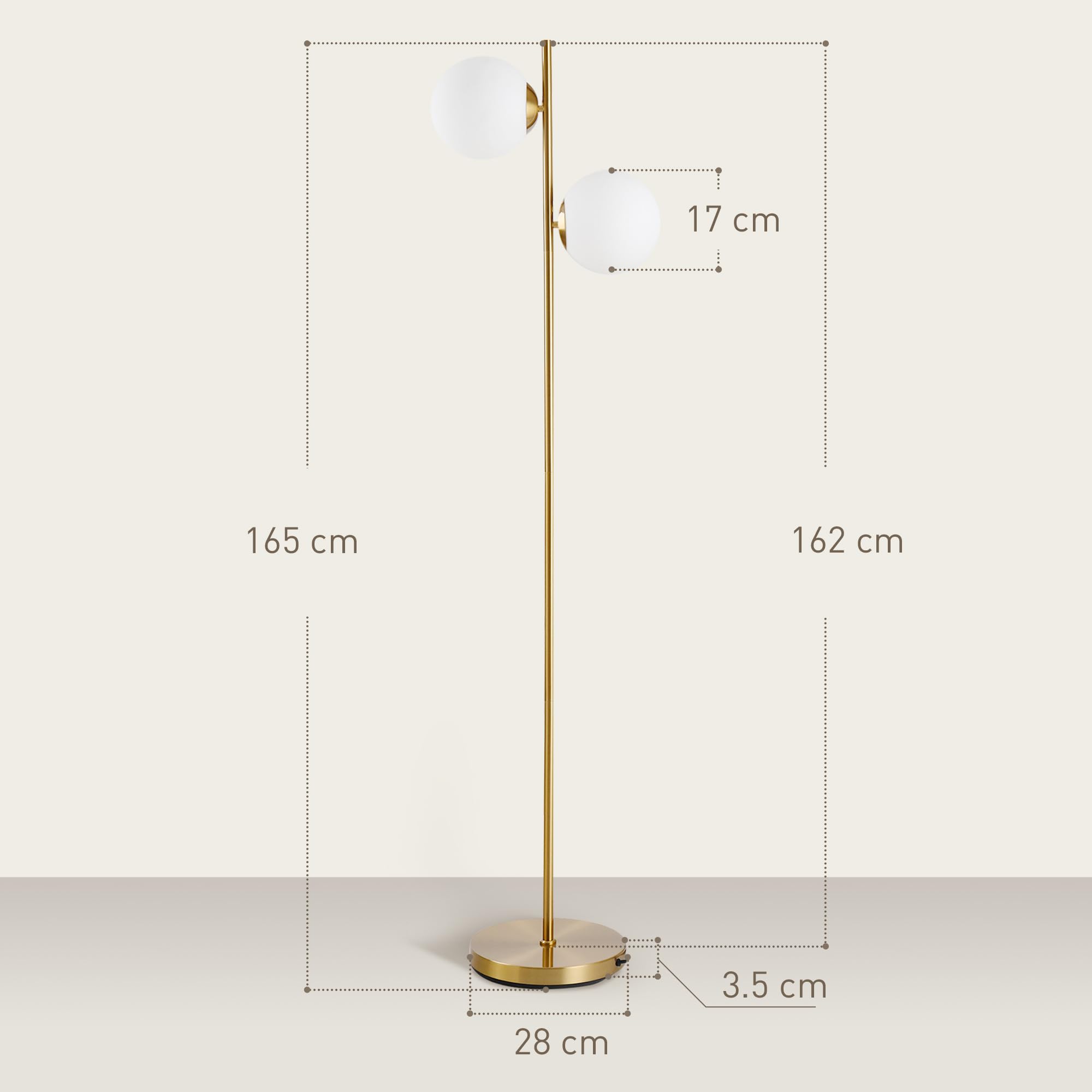 HOMCOM Lampada da Terra con 2 Luci e Paralumi a Sfera, Lampada a Piantana da Pavimento con Interruttore a Pedale, Attacco E27, 39x28x165 cm, Oro