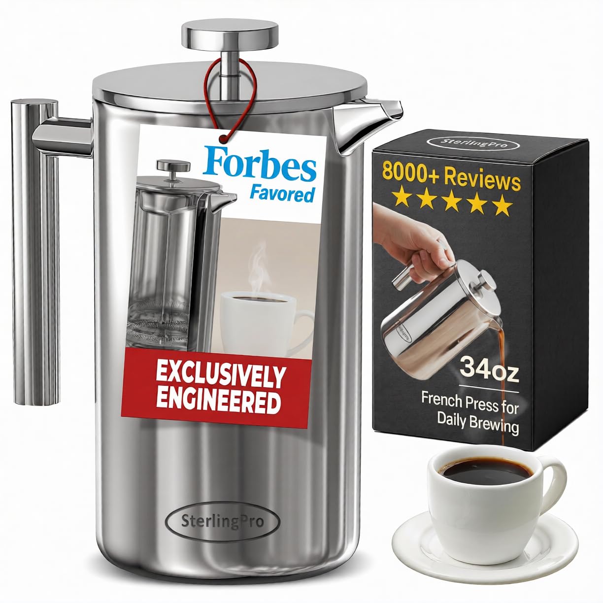 Non-Toxic Insulated Stainless Steel French Press Coffee Maker 34oz – Insulated Metal Double Wall Coffee Maker | Plastic Free | Cool-Touch | Mirror Finish | Makes up to 8 Cups / 4 Mugs
