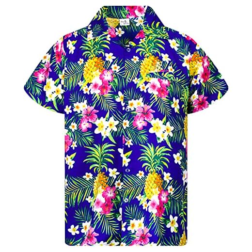 King Kameha Funky - Camisa hawaiana informal para niños, niños y niñas, bolsillo frontal, muy fuerte, manga corta, unisex, estampado de palmas de piña, Flores de Piña Azul, 4 Años