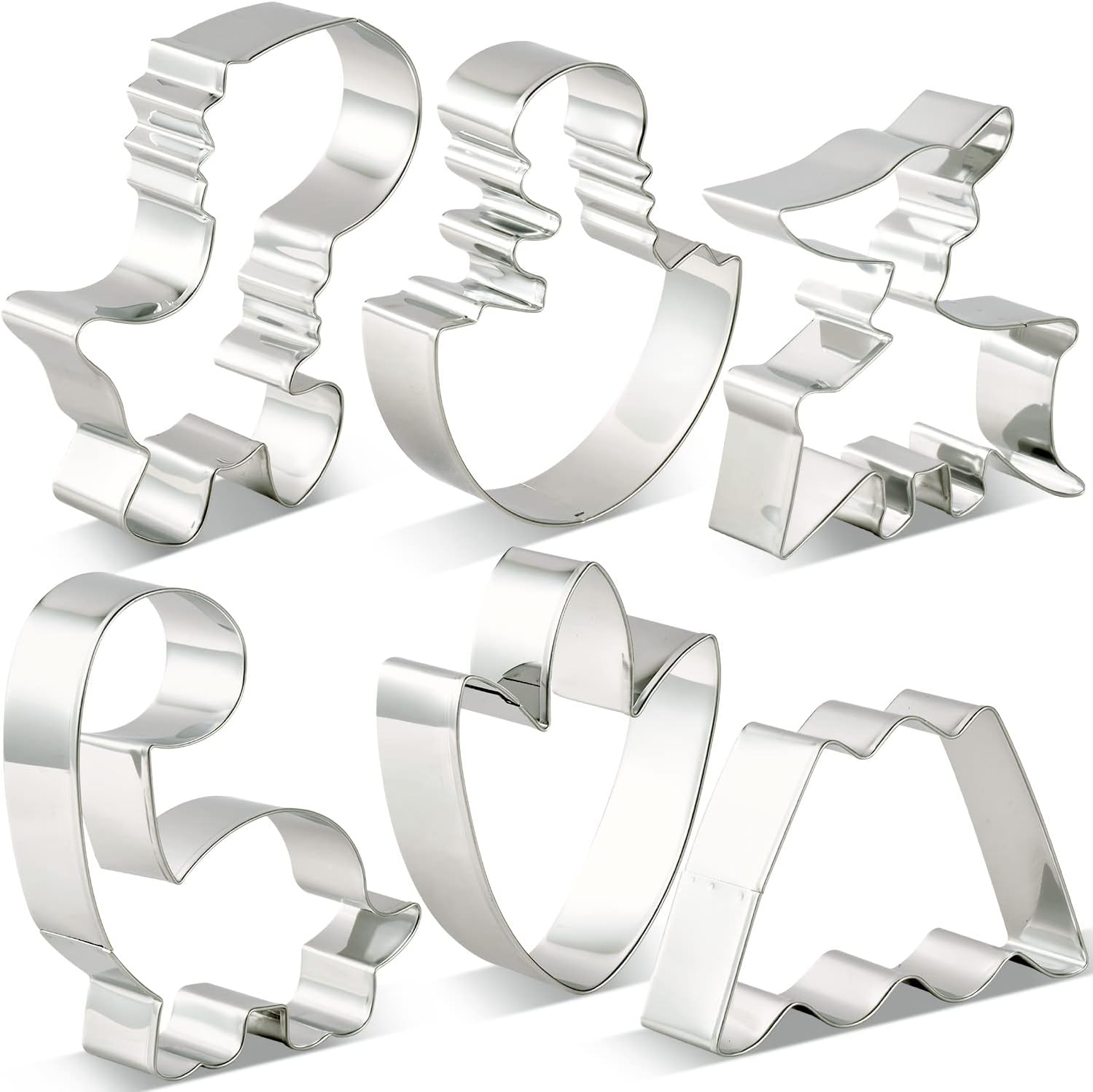 KENIAO Cute Baby Dinosaur Cookie Cutter Set Kids - 6 Piece - T-Rex, Brontosaurus, Pterosaur, Dino in Egg, Dinosaur Foot and Volcano Fondant Cutters - Stainless Steel