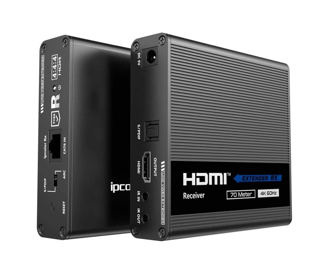 PremiumCord Extender HDMI 4K su 70m Tramite Cavo Patch Cat6 / Cat6A / Cat7, trasmettitore e Ricevitore IR, HDMI 2.0, Arc, risoluzione Video Ultra HD 4K @ 60Hz