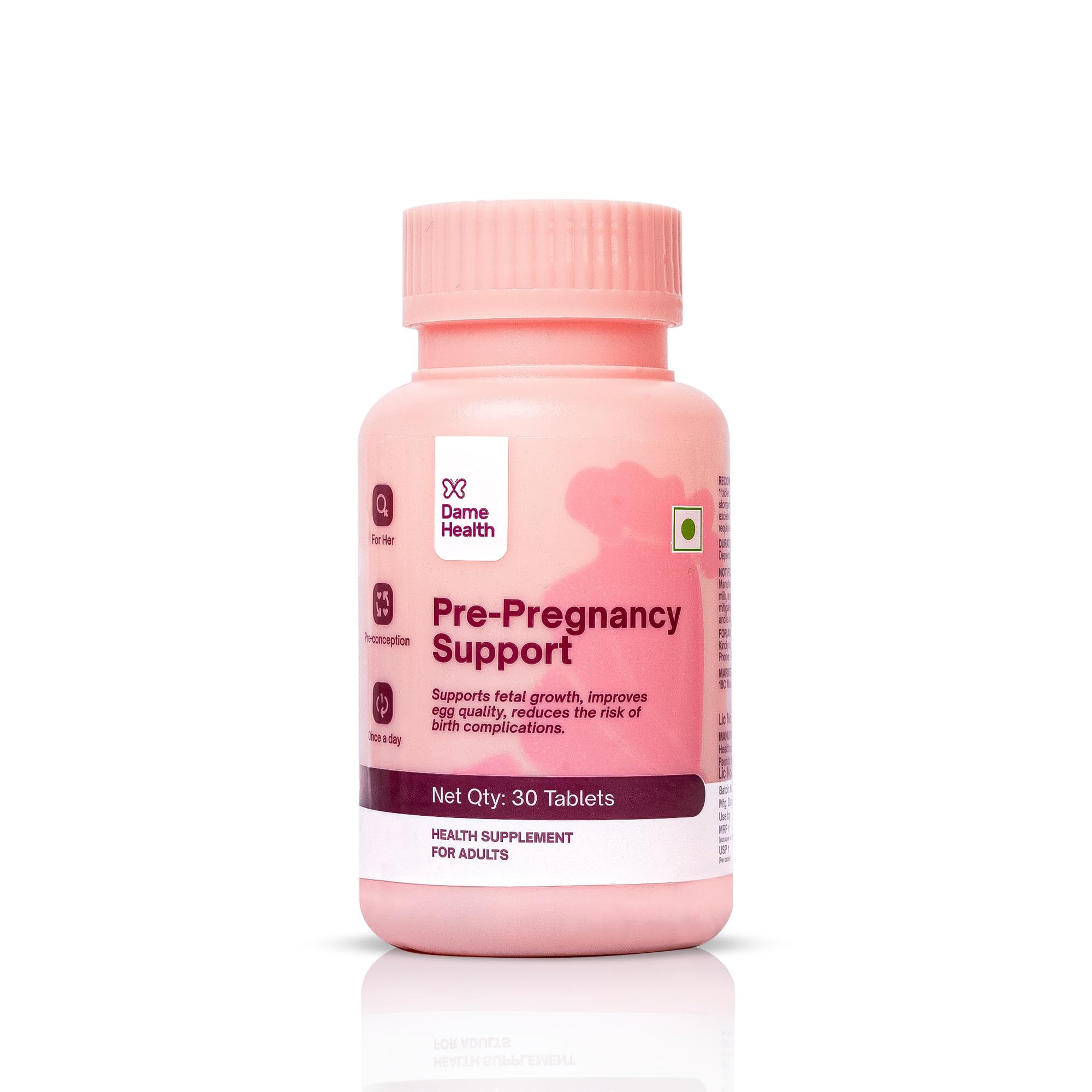 DAME HEALTH PRE-PREGNANCY SUPPORT | FOLIC ACID + INOSITOL + NAC + CHOLINE + IRON | COMPLETE PRECONCEPTION CARE FOR WOMEN | SUPPORTS MOTHER & FETAL HEALTH | HORMONAL BALANCE & PCOS FRIENDLY | 30 TABS