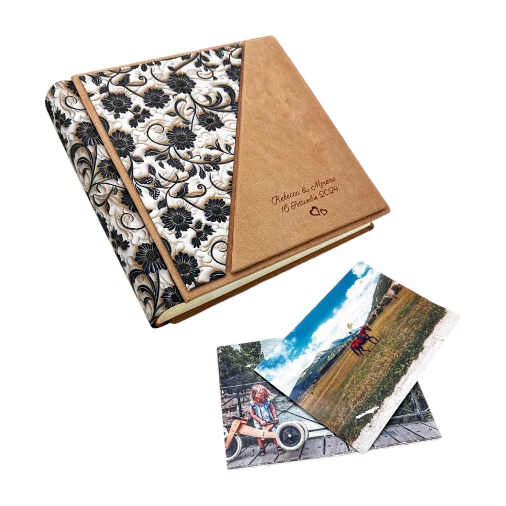 Álbum de fotos artesanal de tela estampada 3D y alcántara, personalizable con grabado, clásico con papel de seda, para boda, cumpleaños, boda, aniversario, comunión, eventos (Desierto/Negro)