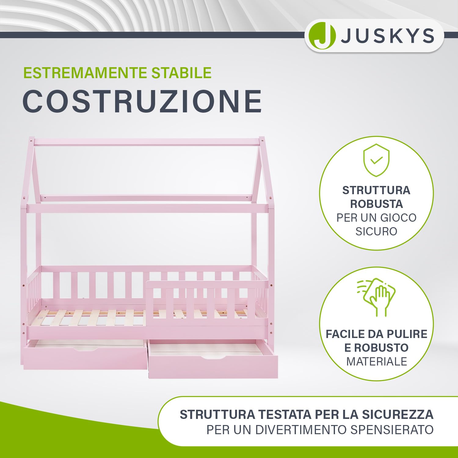 Juskys letto per bambini Marli da 80x160 cm con due contenitori, protezione anticaduta, rete a doghe e tetto - Letto a casetta in legno massiccio per bambini - Letto in rosa