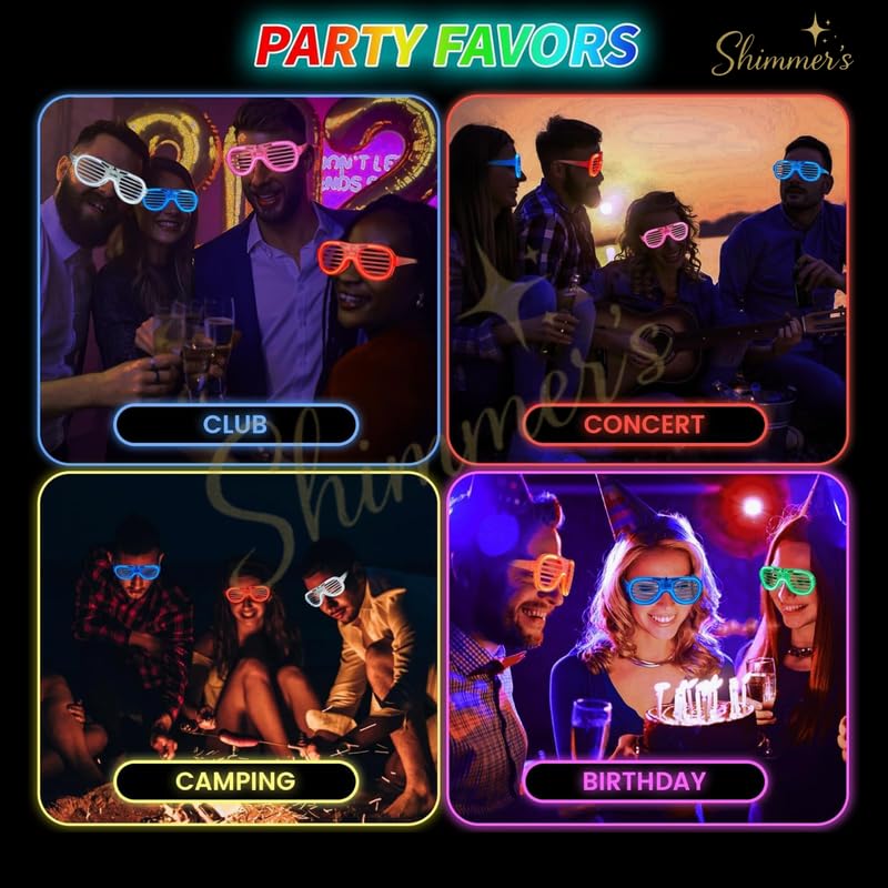 Image of Shimmers Neon Party Glasses Pack of 12 - Glow in Dark Shutter Shades for Kids & Adults, UV Reactive Bright Color Sunglasses for Holi, DJ Night, Birthday, Festival, Rave & Dance Party Accessories