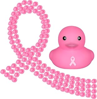 48 Pcs 2 Inch Breast Cancer Awareness Rubber Ducks Bulk Float Rubber Ducks Mini Rubber Ducks Bath Toy for Bath Baby Shower Birthday Gifts Breast Cancer Party Favors (Pink Duck, White Ribbon)