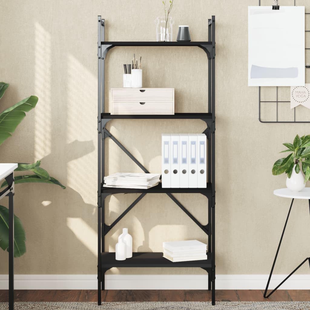 Bücherregal 4 Fächer Schwarz Holzwerkstoff und Stahl 56x31,5x138,5 cm Standregal mit viel Stauraum Ablage für Wohnzimmer Büro Schlafzimmer als praktisches Regalsystem
