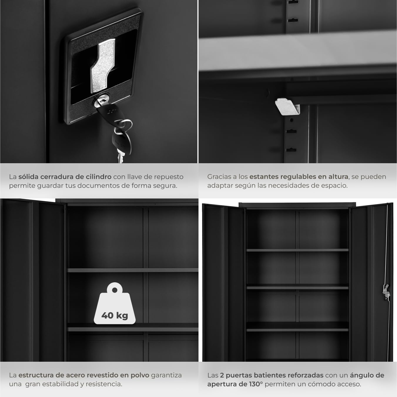 tectake® Armario Archivador, Cierre De Seguridad, 4 Alturas, Cajones Ajustables, Mueble Oficina, Acero, Puertas Reforzadas, Limpieza Sencilla, Candado De Seguridad - 140x40x90cm Negro