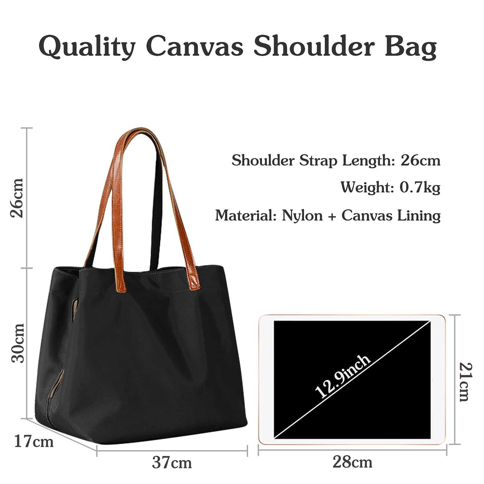 FANDARE Retrò Borsa a Mano Donna Borsa Tracolla Spalla Tote Impermeabile Nylon per 15 Pollice Tablet Shopping Viaggio Partito Work Nero L