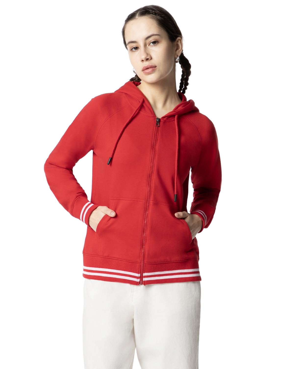 FYLTRWomen's Hoodie with Stripe Rib Detail - Sporty Raglan Sleeve | Spacious Side Pockets | Full Zipper | Sweatshirts for Women | Winter Hoodie for Women
