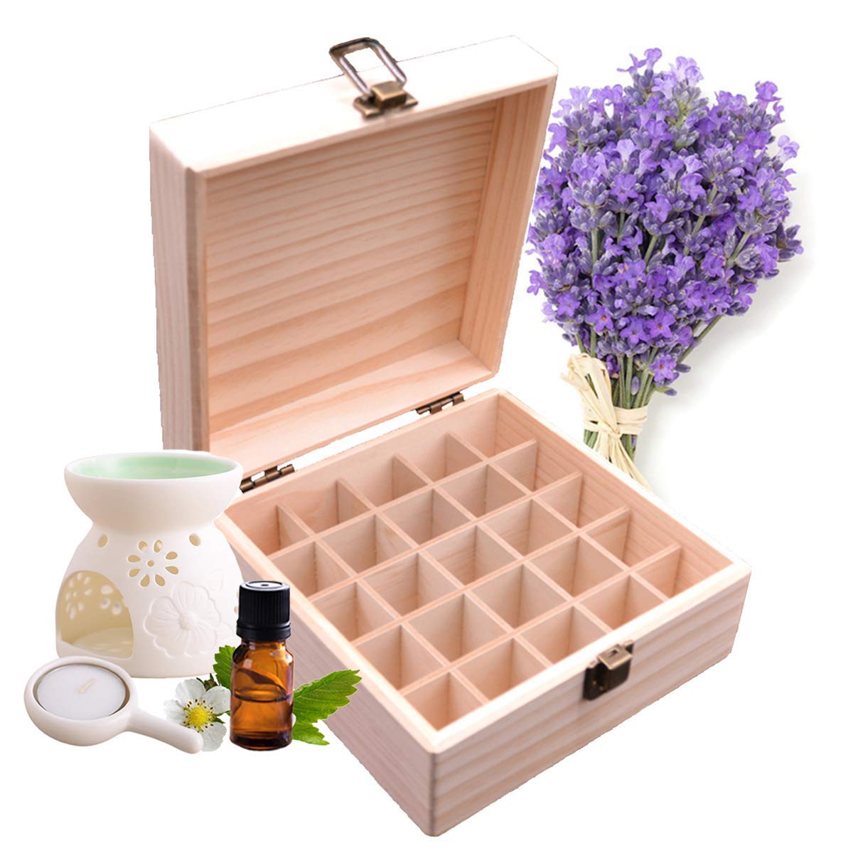 Pure Vie Essential Oil Wooden Storage Box Travel Display Presentation, Holds 25 Bottles for 5, 10, 15ml - Aromatherapy Organizer Nail Polish Fragrance Container - Keep Your Oils Safe & Space Saver
