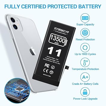 XYIRMCYF High Capacity 13500mAh Compatible with iPhone 11, Li-Polymer New 0 Cycle Replacement for iPhone 11, with Repair Tool Kit