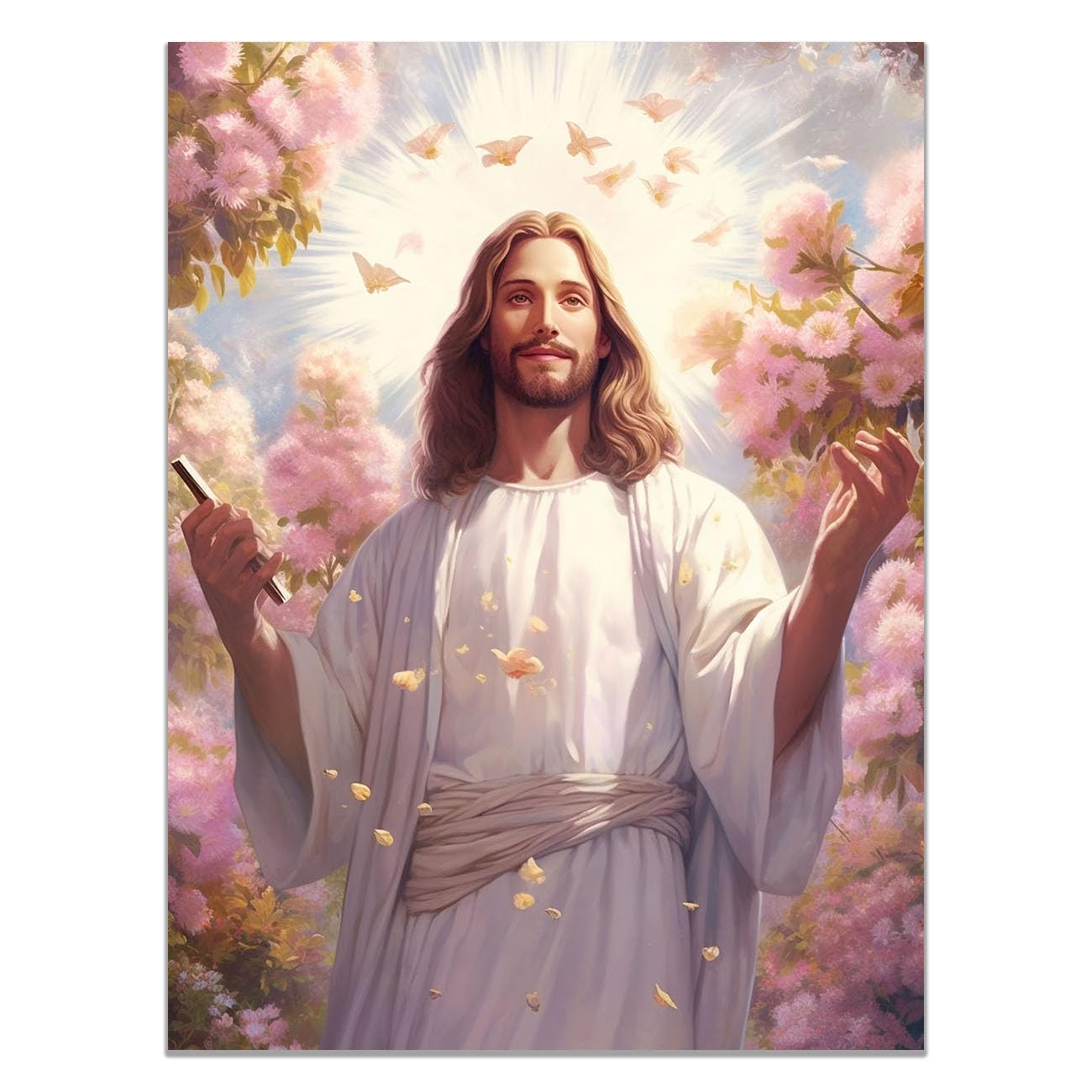 QUSAAOU Canvas Wall Art Jesus Portrait a Sacred Woman icture Christianity Cross Poster Print Painting for Living Room Bedroom Prayer Room Home Decorate(pink)-80x120cm Unframed