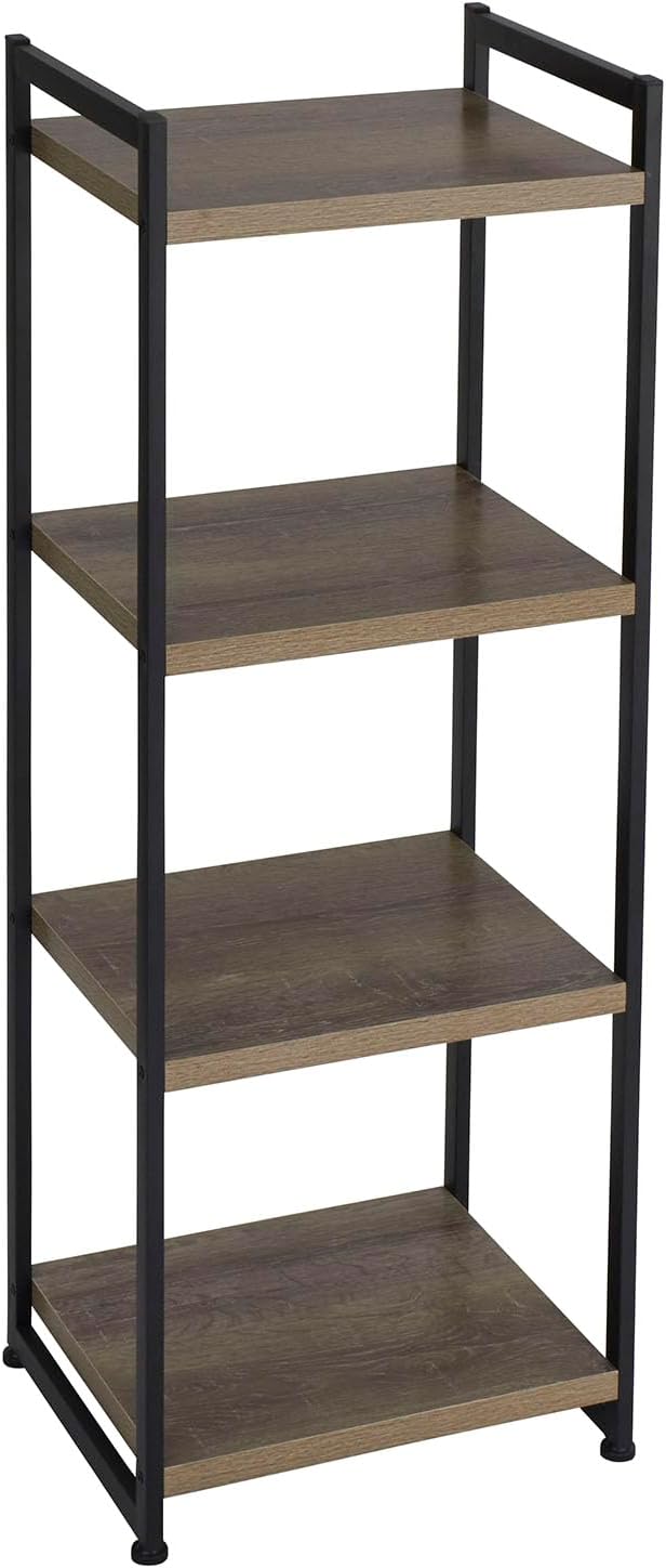 Household Essentials Jamestown Narrow 4 Shelf Open Storage Bookshelf Ashwood Rustic Wood Grain and Black Metal