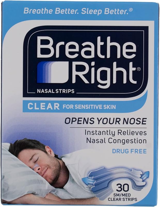 Tiras nasales Breathe Right, pequeñas/medianas, transparentes, 30 unidades (paquete de 3)
