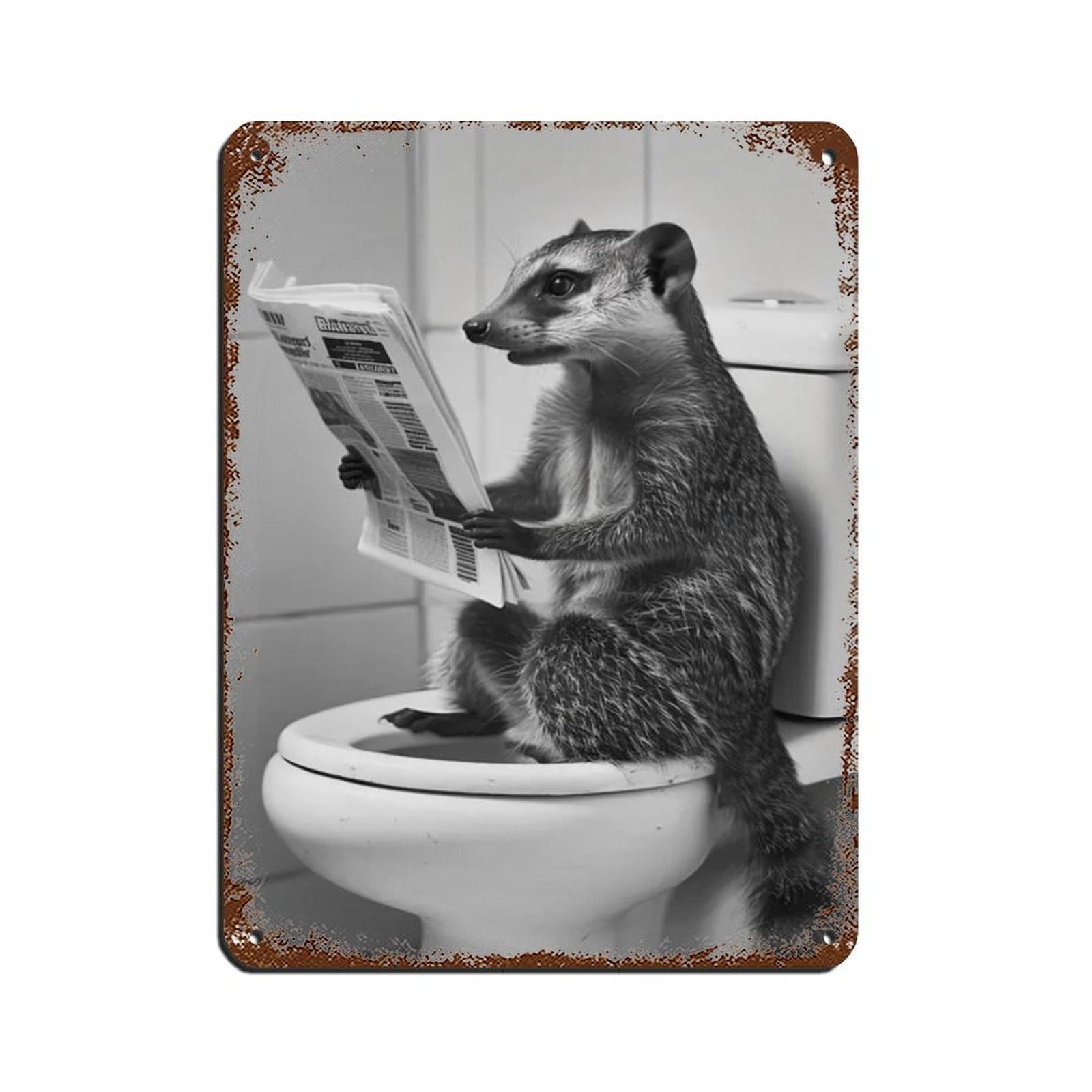 Lxwnze 30L X 40W Cm Mongoose Sitting On The Toilet Reading A Newspaper Retro Poster Metal Tin Sign Chic Art Retro Iron Painting Bar People Cave Cafe Family Garage Poster Wall Decoration 12X16inch(30X40cm)