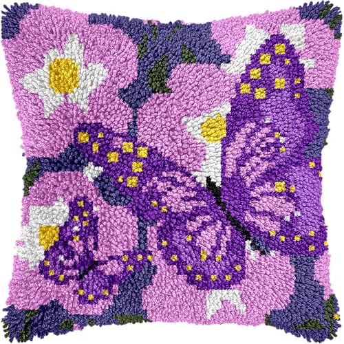 veirousa Butterfly Floral Latch Hook Kits for Adults Beginners DIY Crochet Pillow Kit Pre-Printed Pillowcase Hook and Latch Rug Kits Needlework Cushion Cover for Home Sofa Decoration 17x17 in.