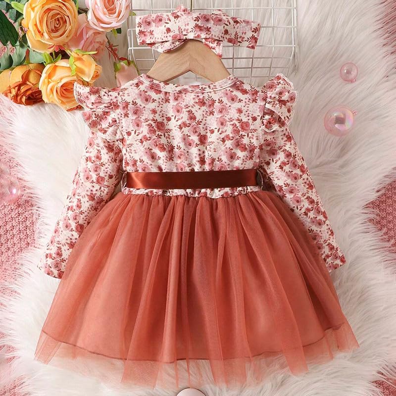 Image of Niren Enterprise Long Sleeve Printed Flower Belted Round Neck Baby Girl Frock with Knee-Length and A-Line Style