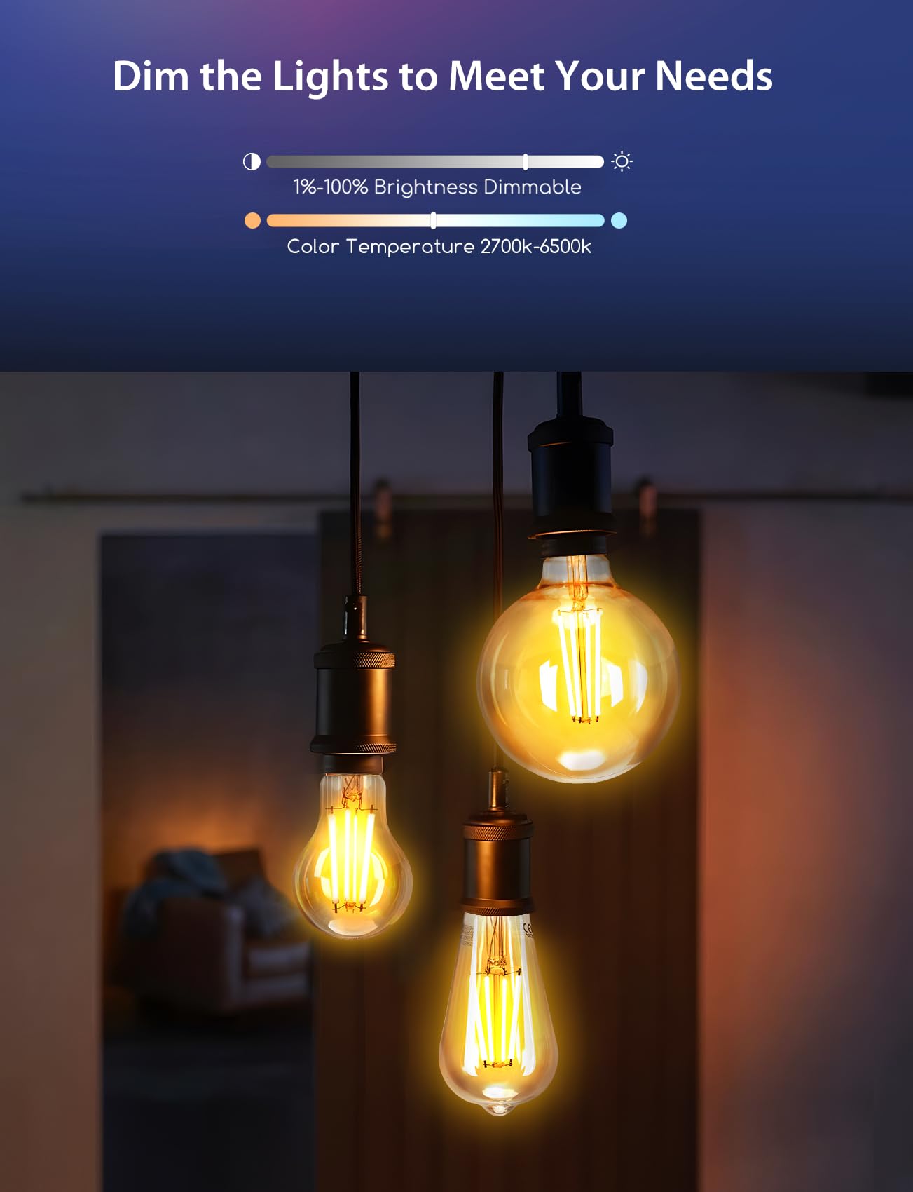 Aigostar Ampoule LED Connectée E27 Bluetooth Mesh A60, Lampe Edison Vintage Dimmable 6W 2700K-6500K, Compatible Alexa, 4 Unités avec Passerelle et Télécommande