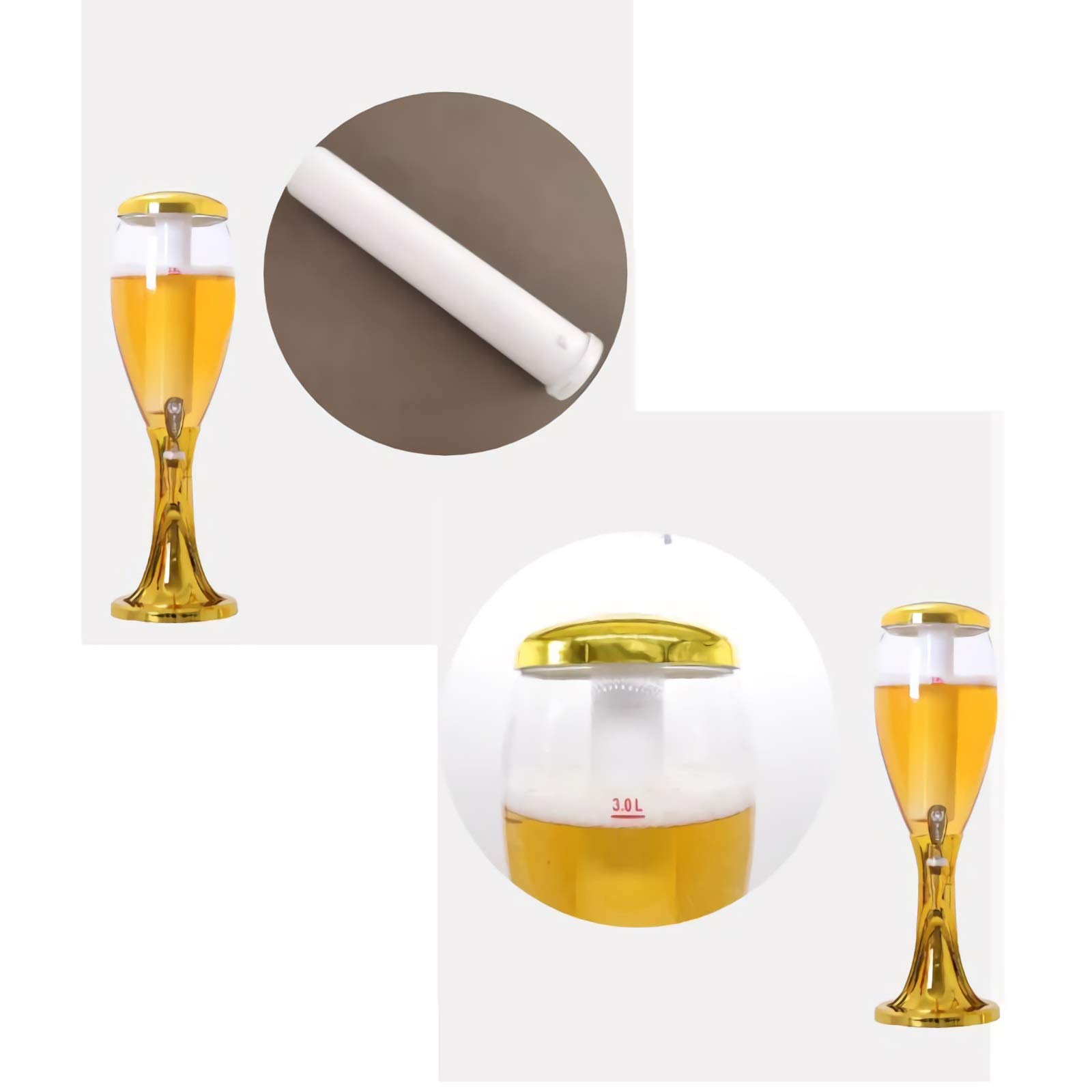 Dispensador de Torre de Cerveza Torre de Bebidas con Grifo, Tubo de Hielo y Luces LED, dispensador de Cerveza 1.5L / 3L, Luces Brillantes Dispensador de Bebidas, Oro y Plata Torre Cerveza/Dispensador
