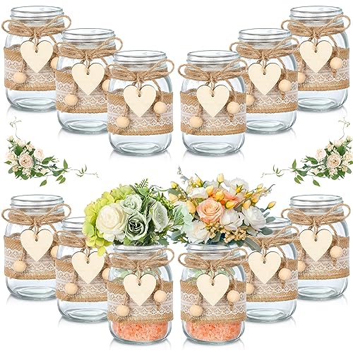Mumufy 12 Sets Mason Jar Table Centerpiece with Lace Sleeves and Heart Shaped Hemp Rope Rustic Mason Jar Vases Reception Engagement Party Bridal Shower Centerpieces Wedding Table Decorations