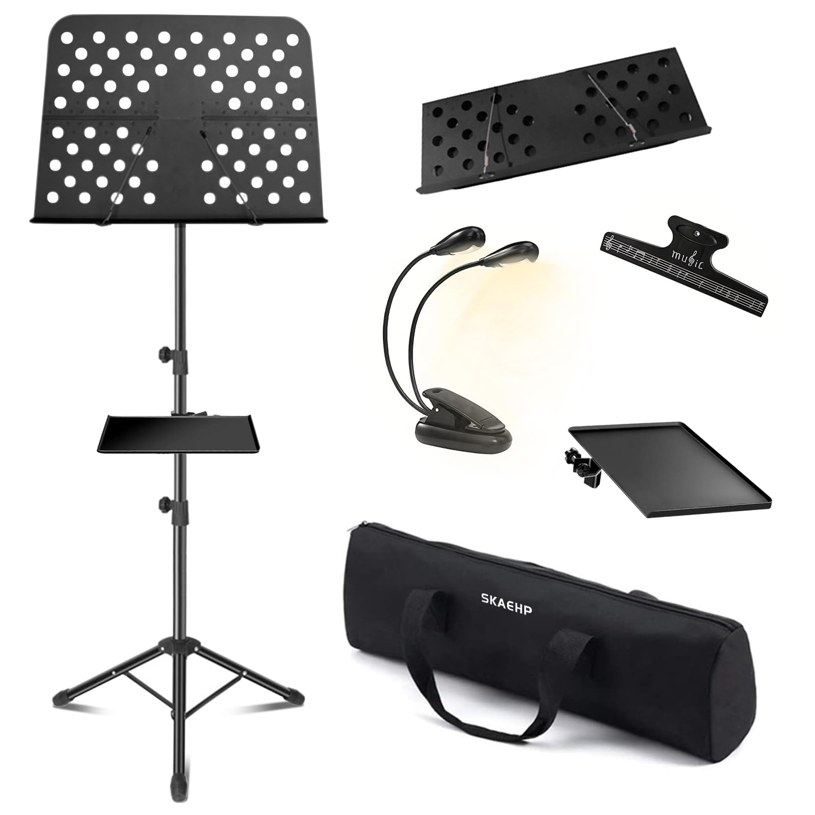 Soporte de música de metal con luces, con luces de doble cabeza, alta estabilidad, altura ajustable y viene con una funda de transporte (70 - 150 cm).