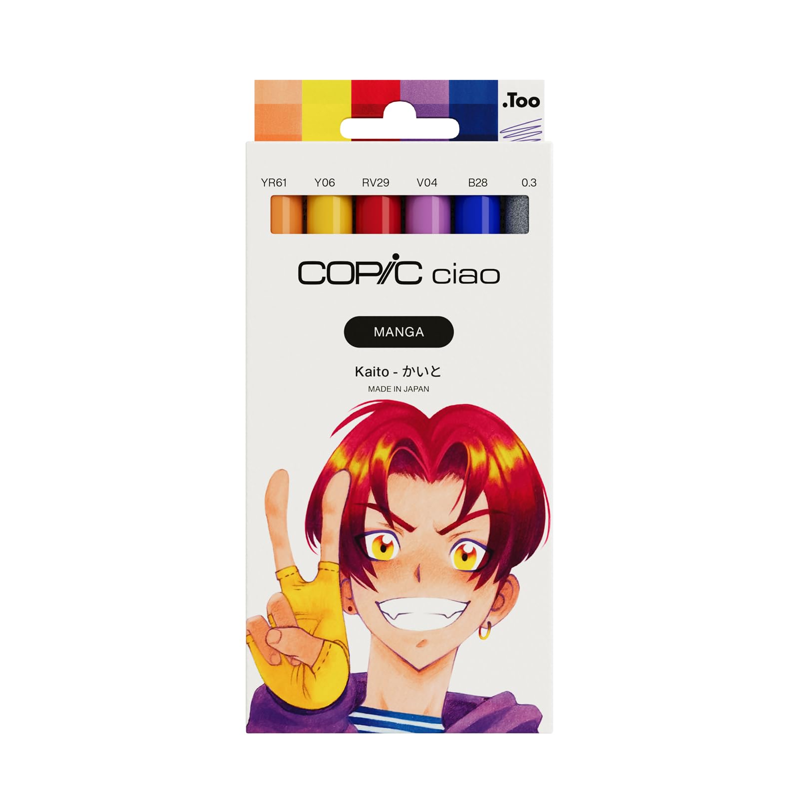 Copic Ciao Manga Kaito Marker Set with 5 Warm Orange and Blue Tones Including 1 Multiliner 0.3 mm in Purple, Twin Marker with Medium Width and Brush Tip