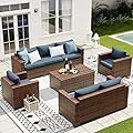 VONZOY Wide Armrest Outdoor Patio Furniture Set, 5 Piece Patio Sectional Sofa with Storage Table for Backyard, Porch, Balcony, Poolside(Navy Blue)