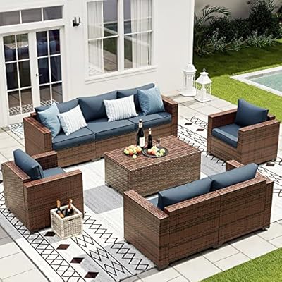 VONZOY Wide Armrest Outdoor Patio Furniture Set, 5 Piece Patio Sectional Sofa with Storage Table for Backyard, Porch, Balcony, Poolside(Navy Blue)
