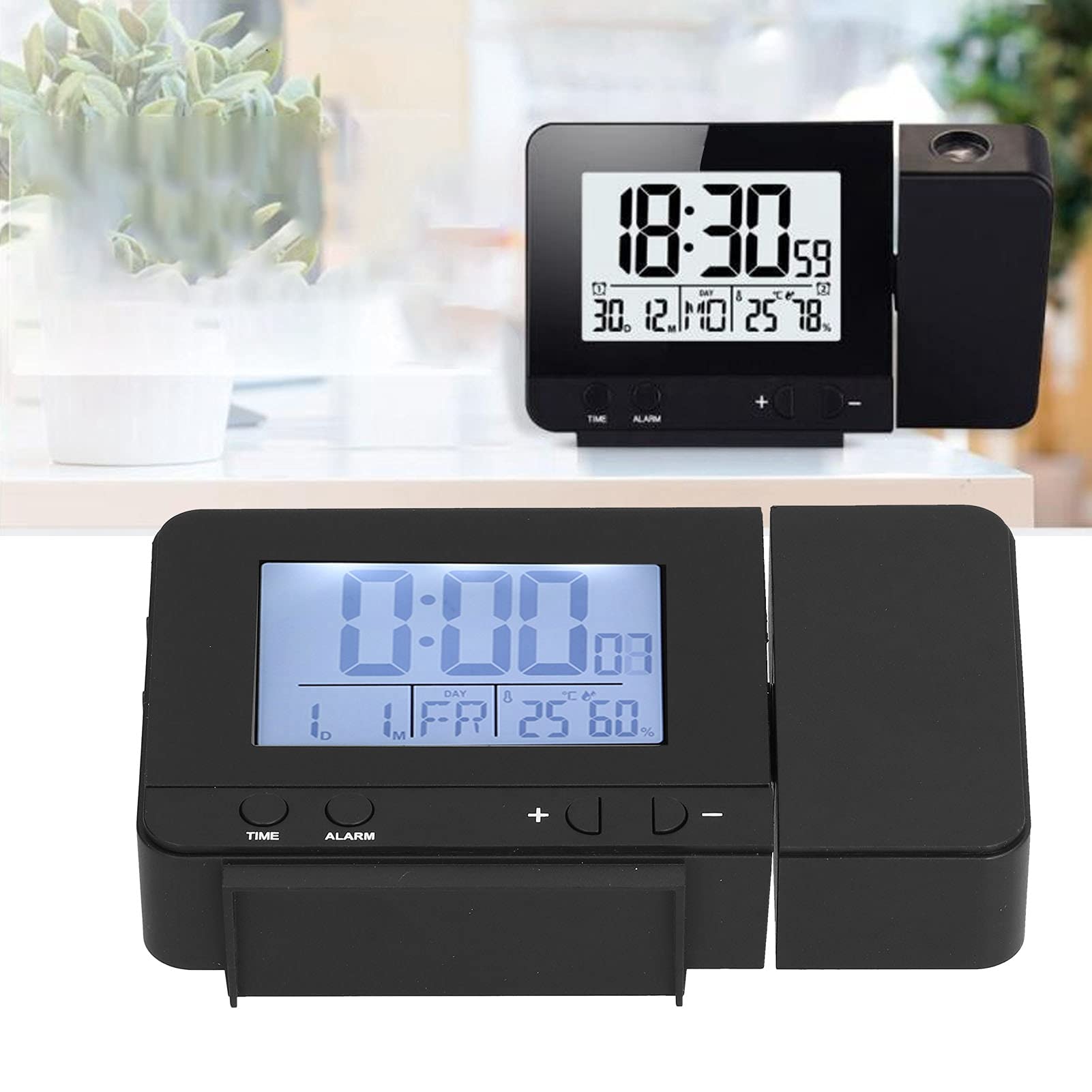 Reloj Despertador de Proyección con Rotación de 180° con Pantalla LED y Termómetro para Uso Doméstico Reloj Digital Compacto (Negra)