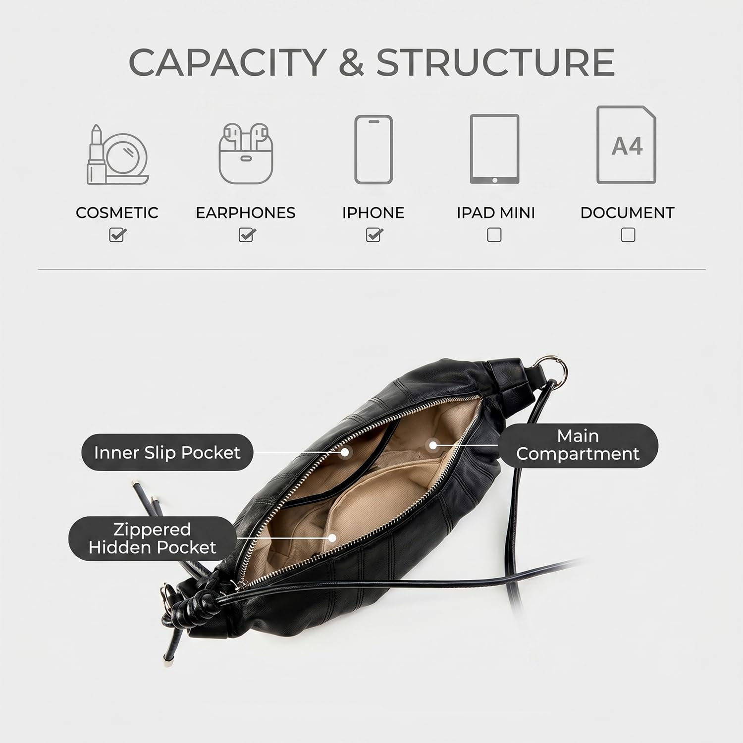 PDSSUNNY Damen Croissant Tasche aus Vollnarbenleder Echtleder, Nischen-Design Lässige Halbmond Hobo Bag, Minimalistische Elegante Schultertasche